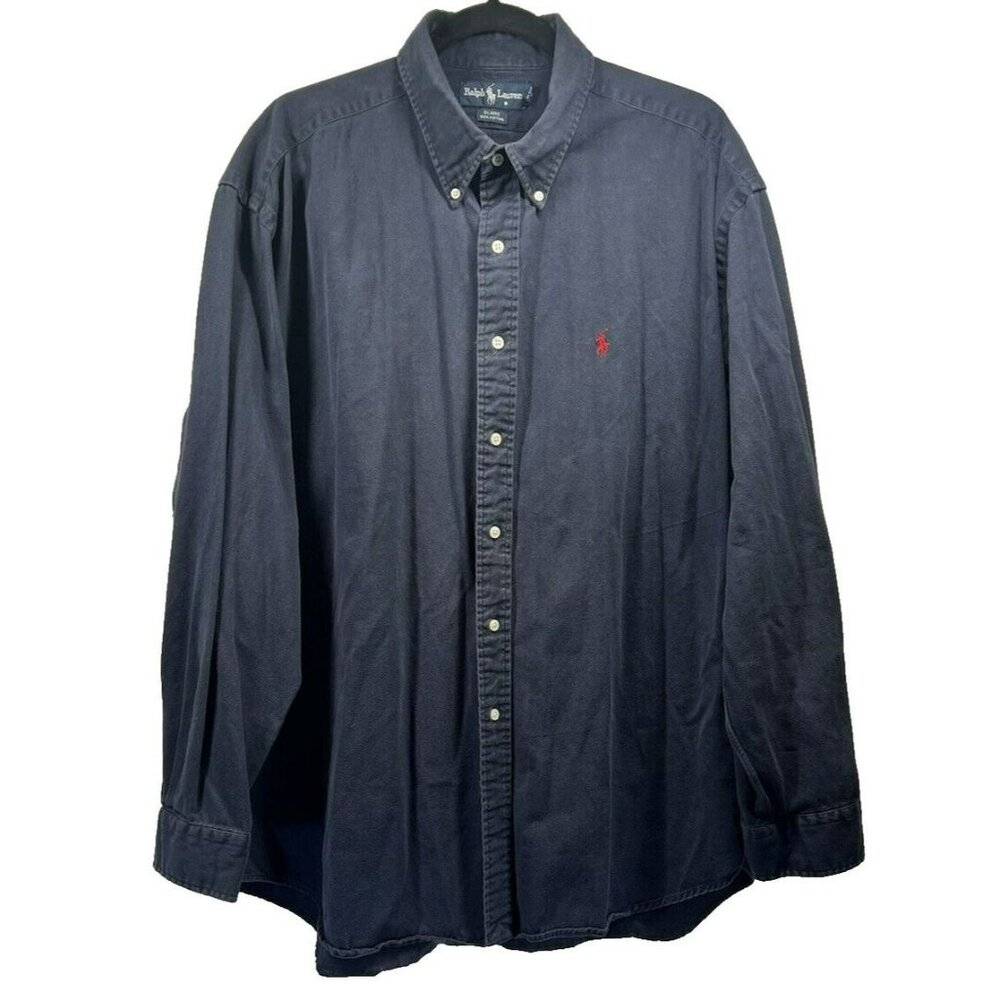 Ralph Lauren Men's Shirt‎ 2XL Solid Dark Blue Blaire Pony Button Up Long Sleeve